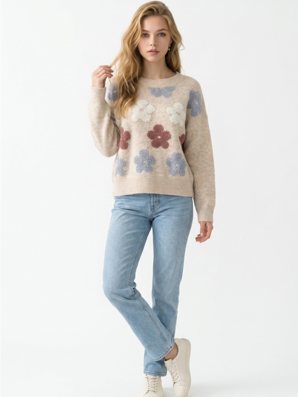 Floral Crewneck Sweater - Beige with Blue, White & Rust Flowers